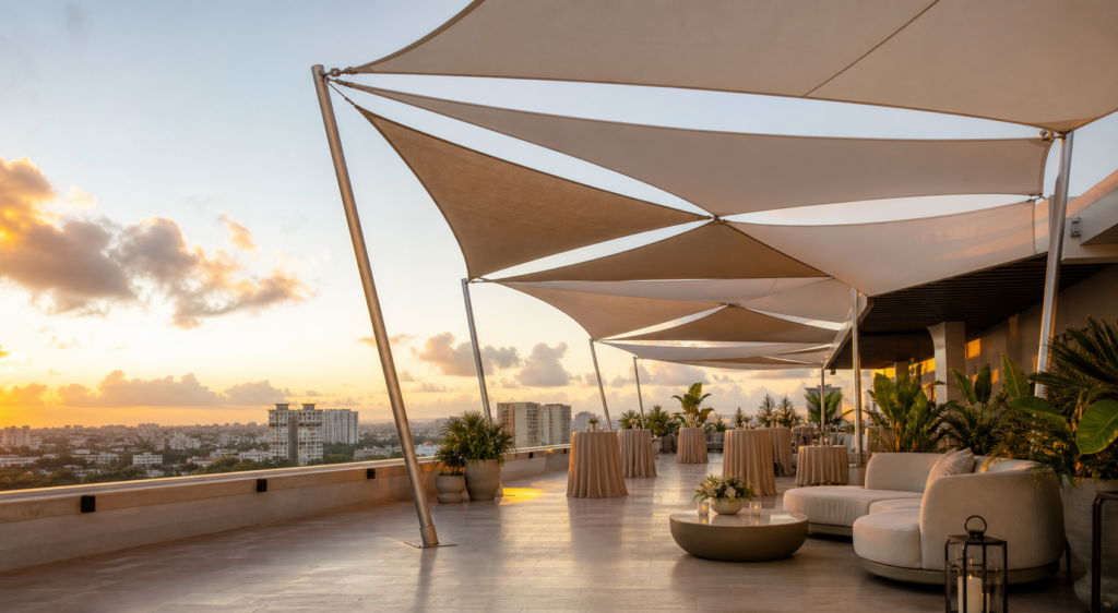 Terraza cubierta con toldo elegante para eventos y celebraciones en Santo Domingo República Dominicana