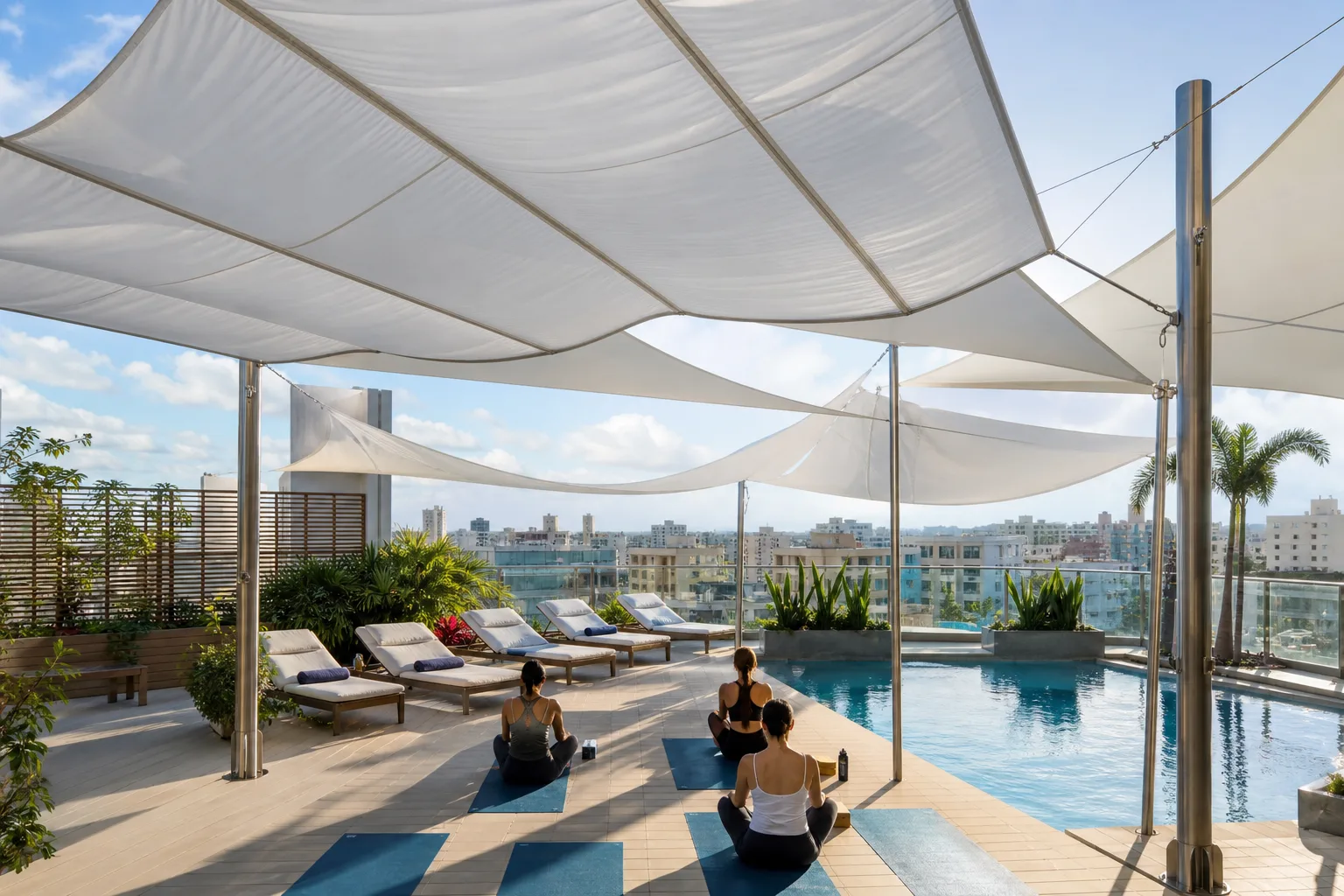 Toldo instalado en rooftop con piscina en Santo Domingo RD