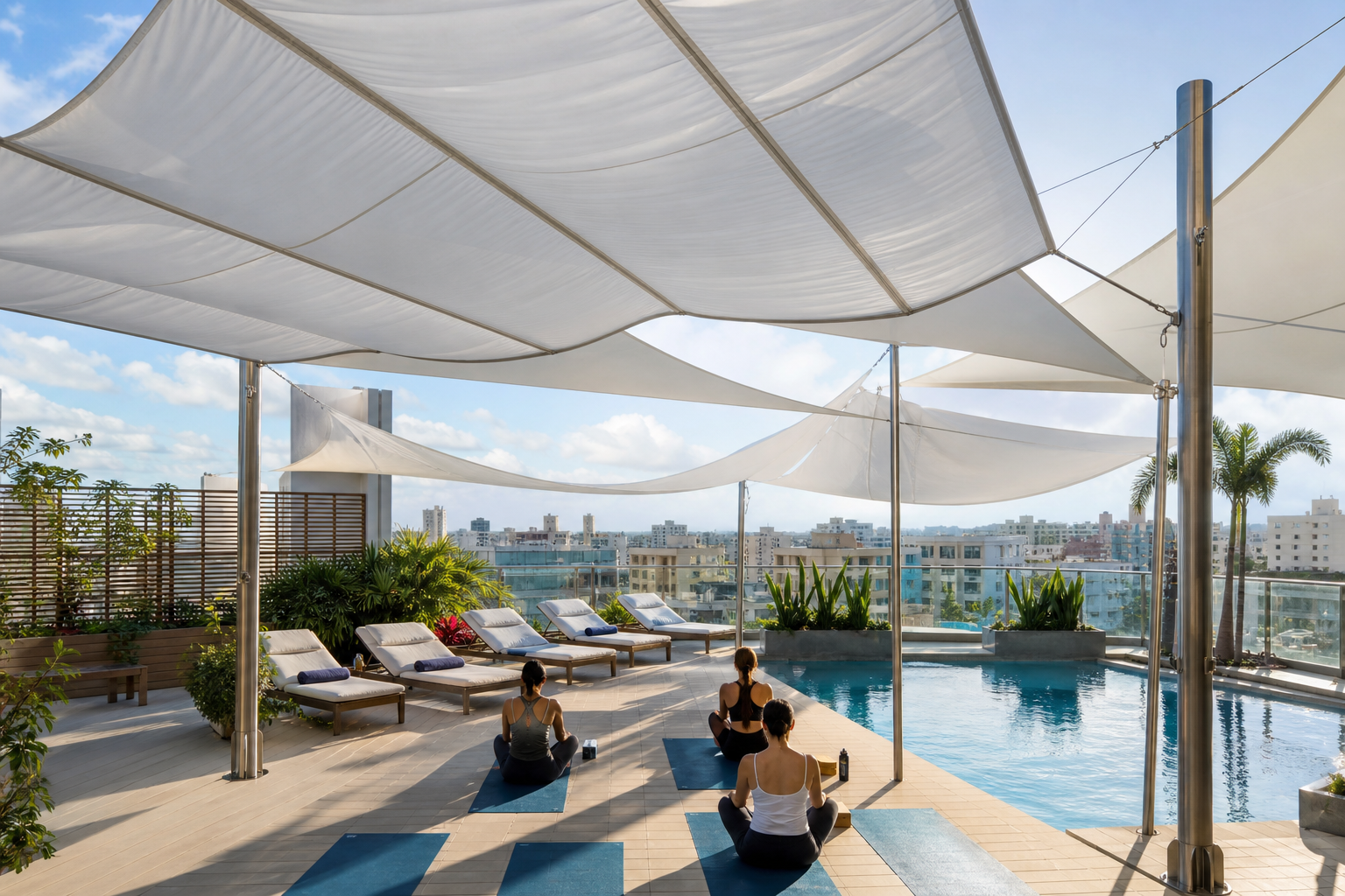 Toldo instalado en rooftop con piscina en Santo Domingo RD