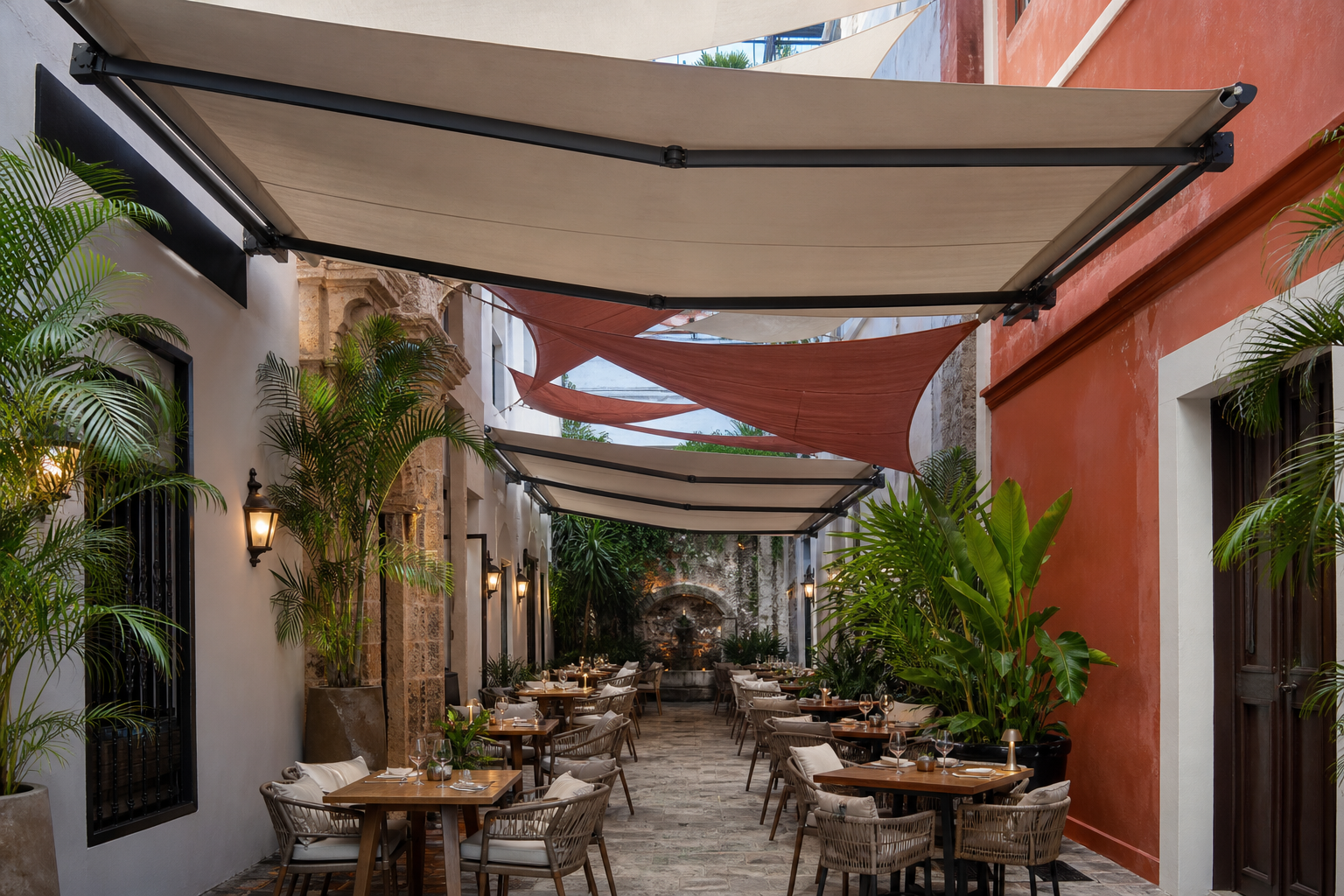 Toldos instalados en patio gastronómico y restaurante en Santo Domingo RD